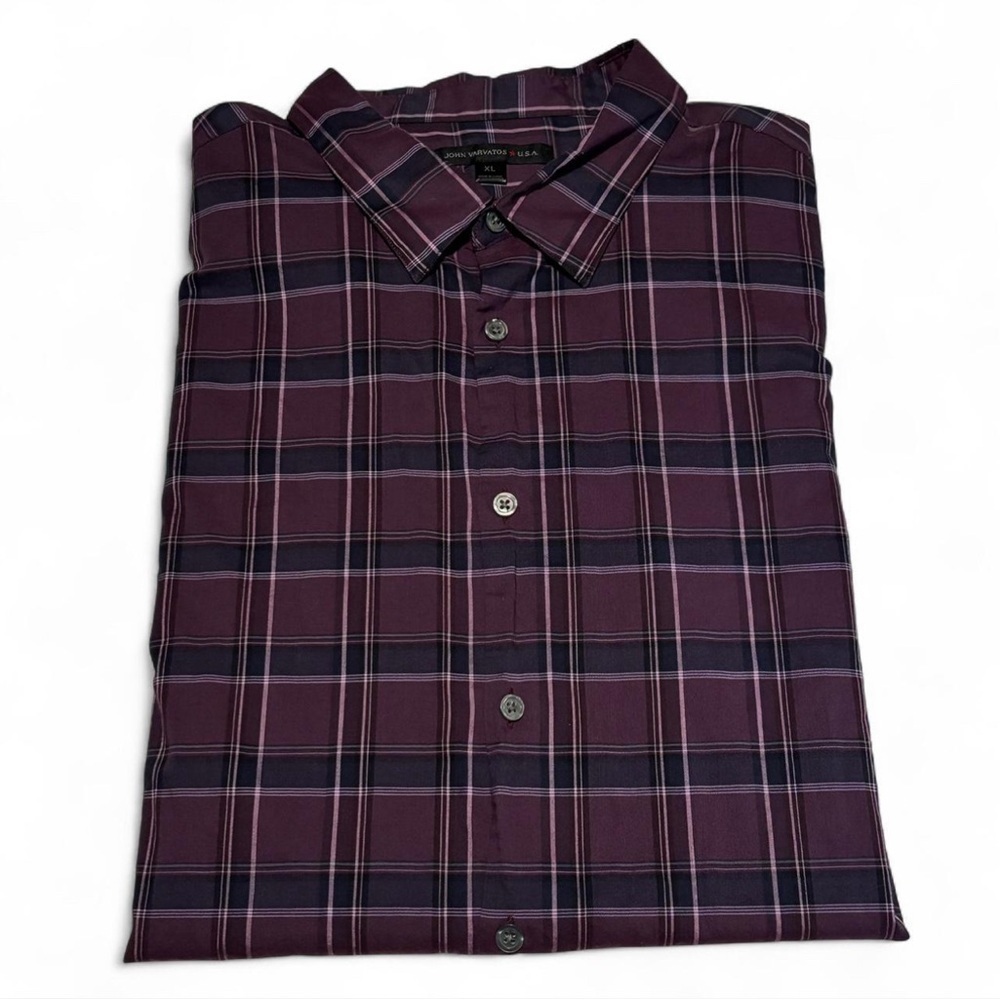 John Varvatos USA Shirt XL Plaid Button Up Long Sleeve Burgundy Purple Cotton